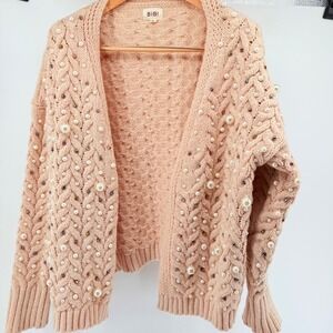 Beautiful BIBI Women's Cream Pearl Embellished Cable Knit Cardigan Sweater XL